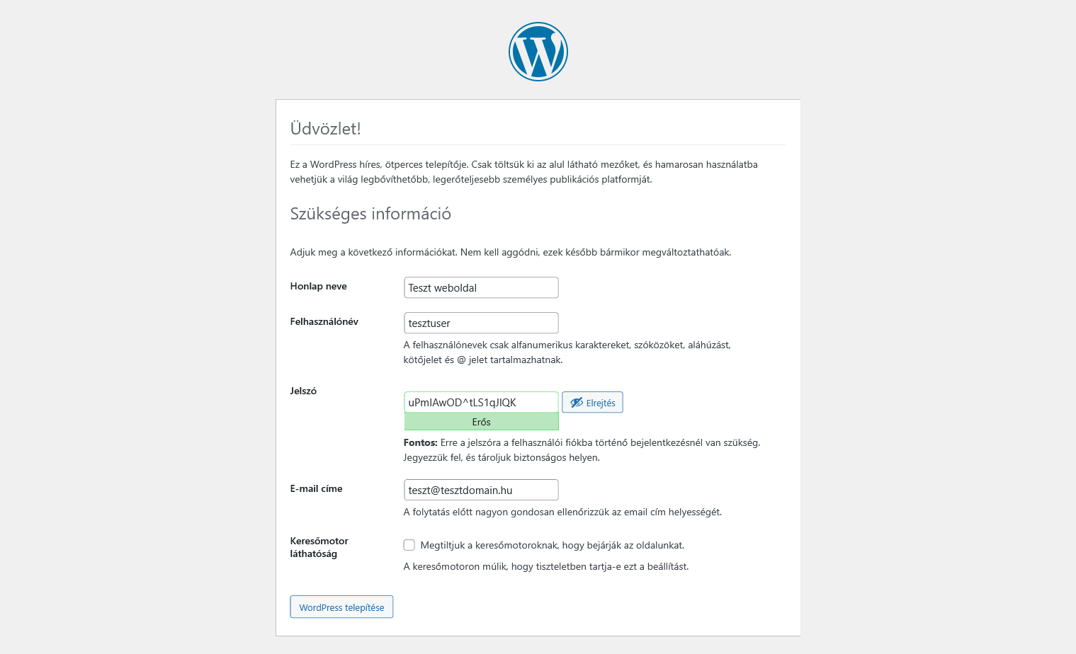 Wordpress telepítés